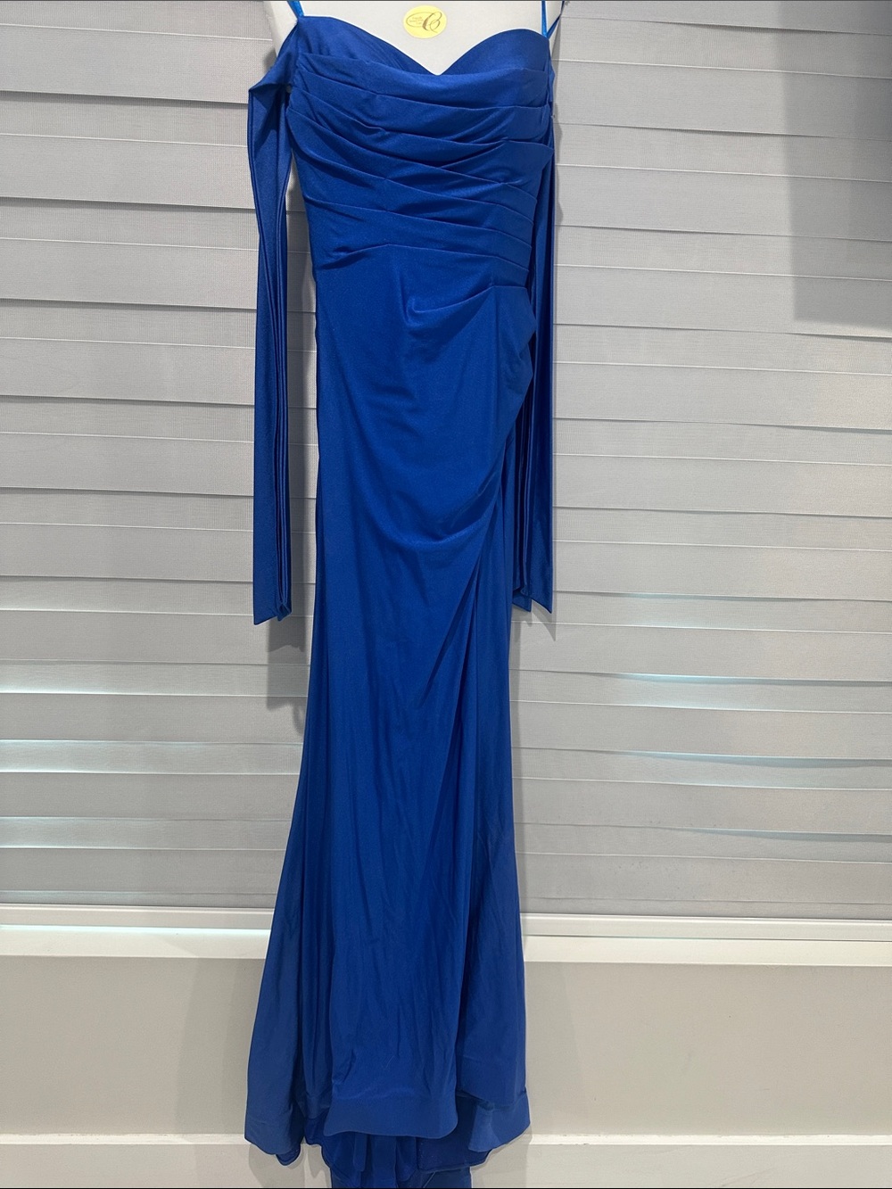 Sleeveless Royal Blue Maxi Evening Dress with Draped Bodice